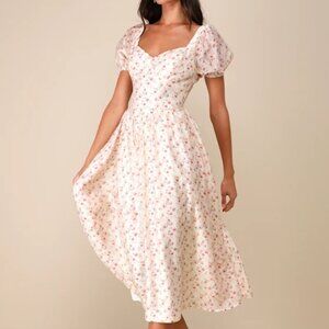 Effortless Ideal Ivory Floral Puff Sleeve Lace-Up Midi Dress